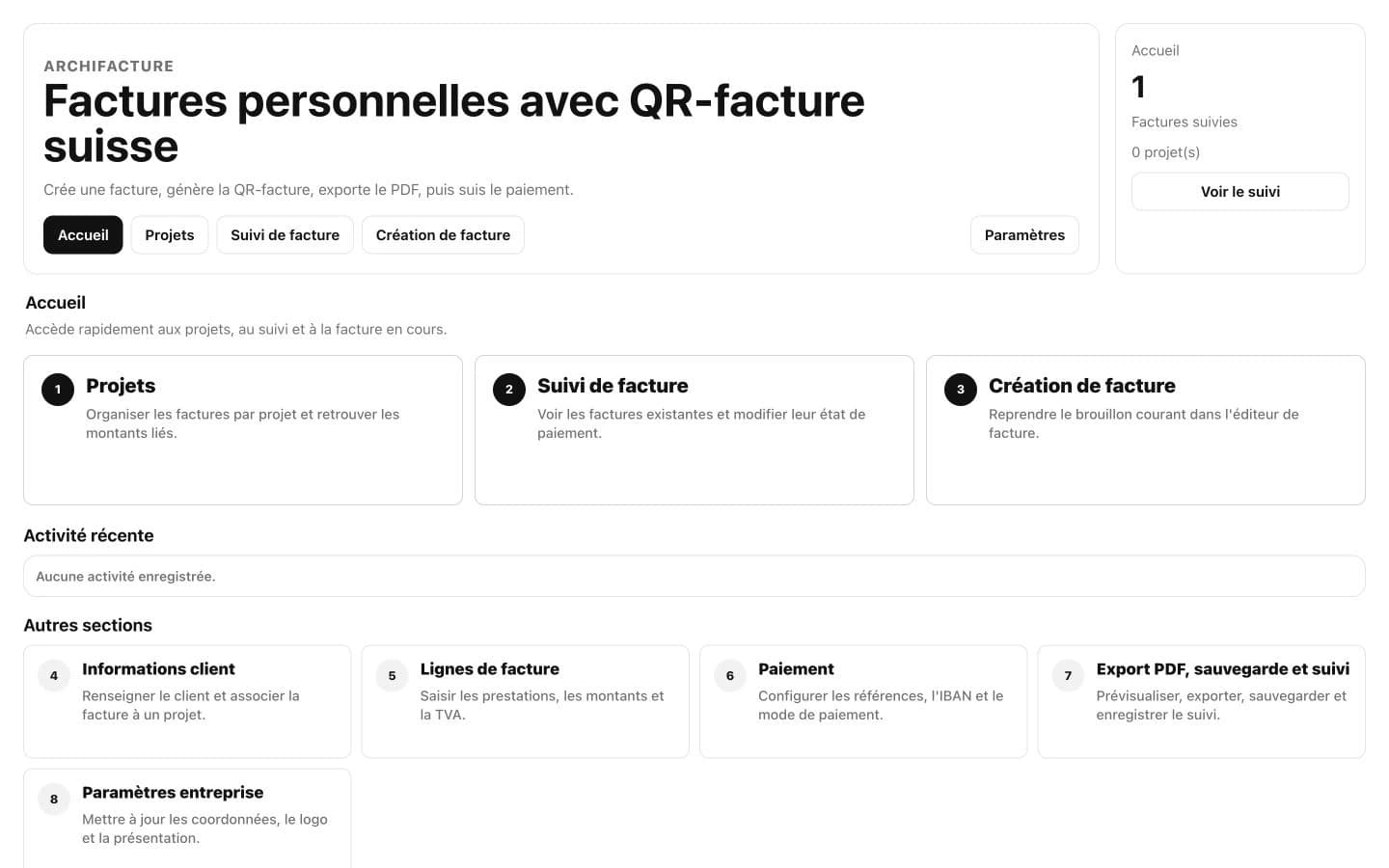 Écran d’accueil actuel de l’application desktop ArchiFacture