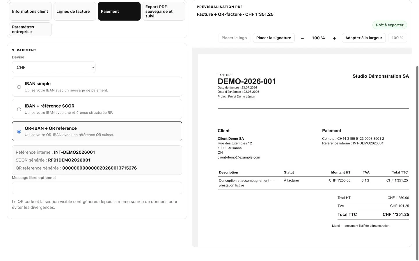 QR-facture fictive et aperçu PDF dans ArchiFacture
