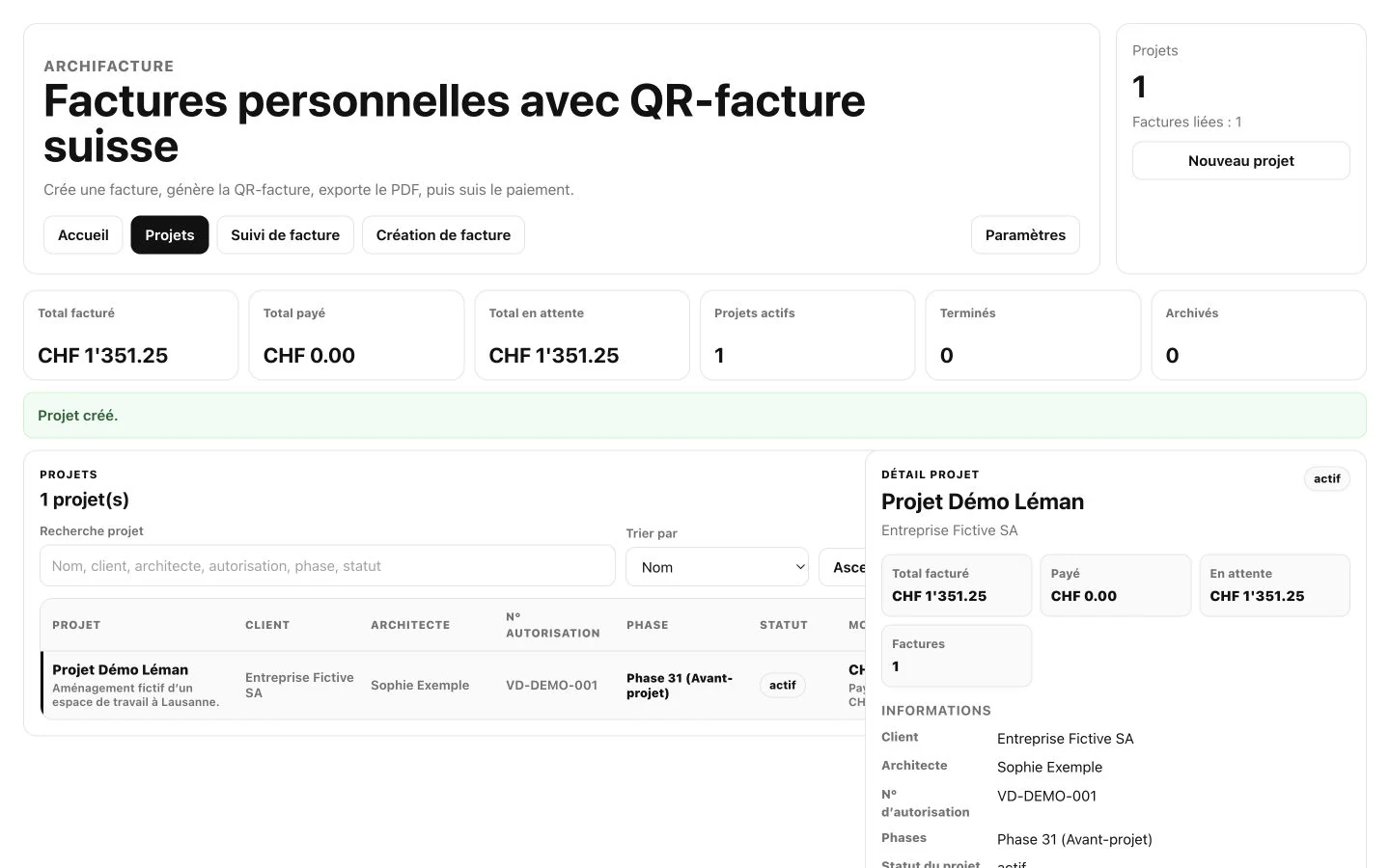 Gestion d’un projet fictif dans ArchiFacture
