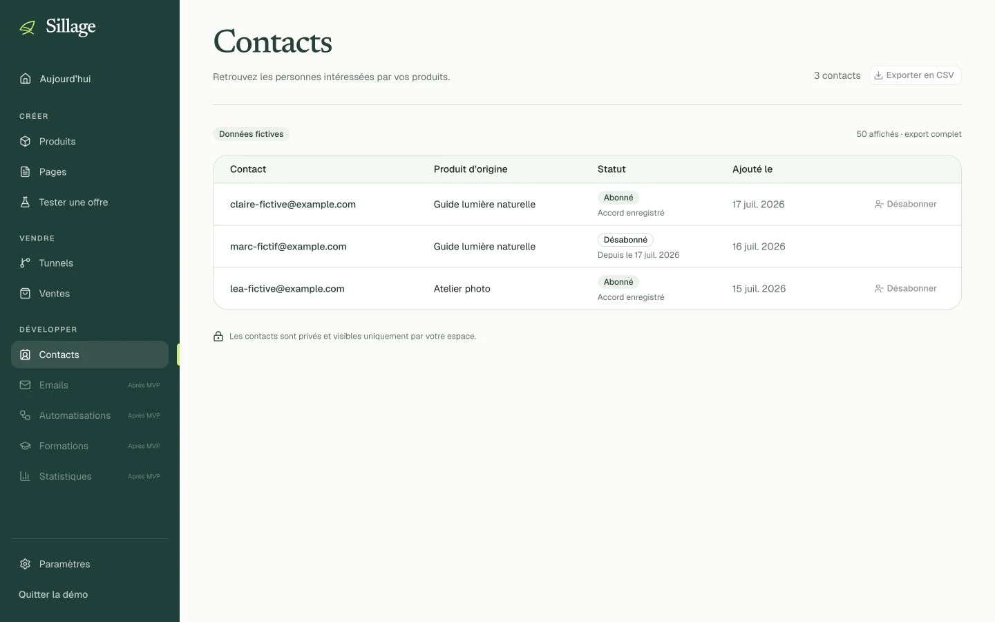 Liste de contacts fictifs dans la démonstration Sillage