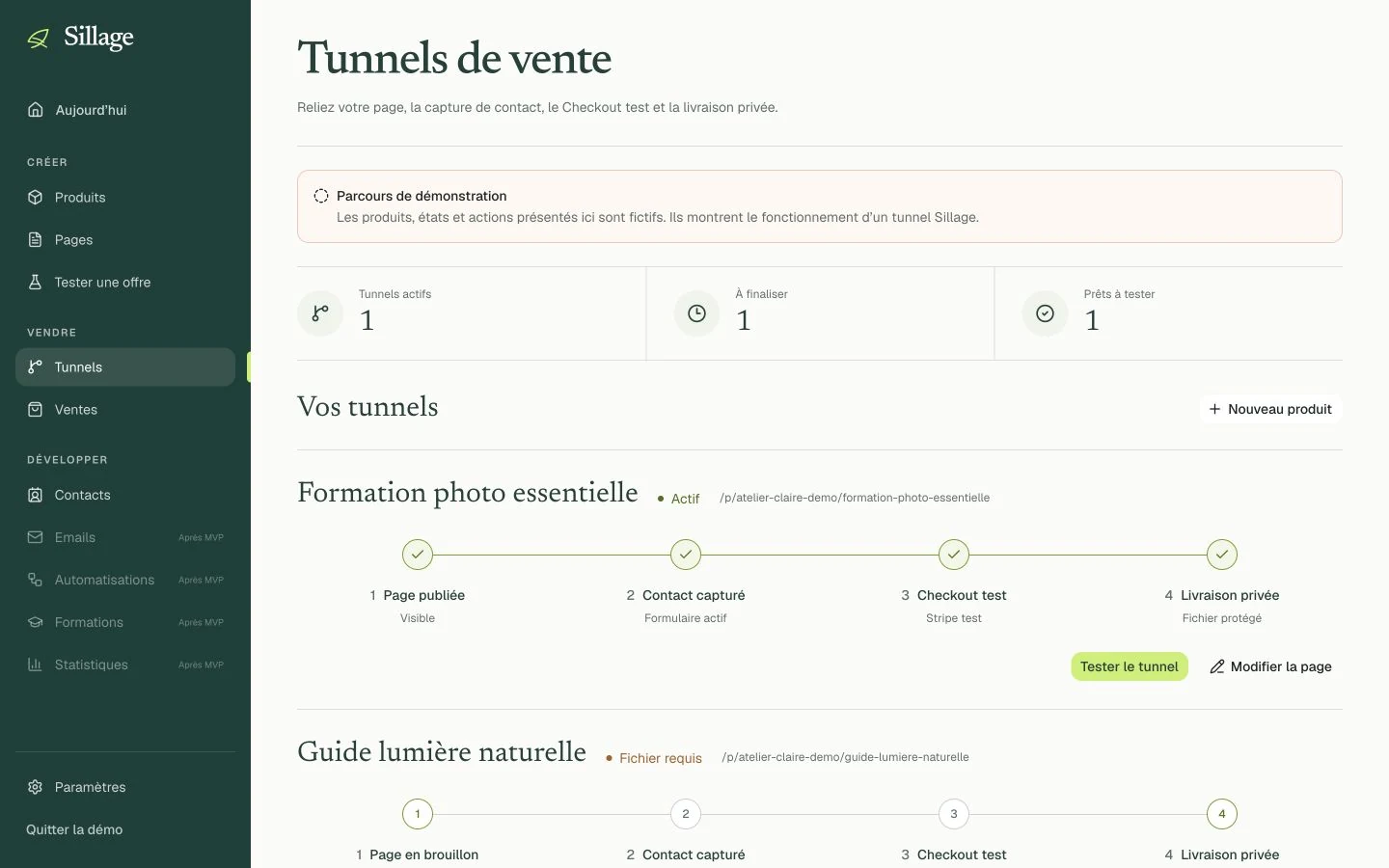 Tunnels de vente fictifs dans la démonstration Sillage