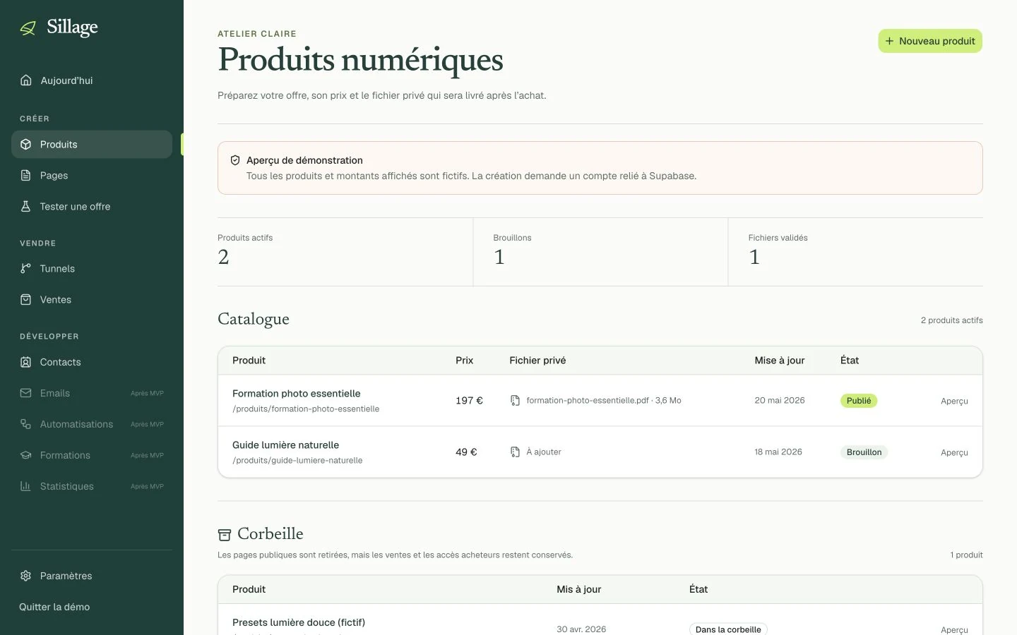 Catalogue de produits fictifs dans la démonstration Sillage