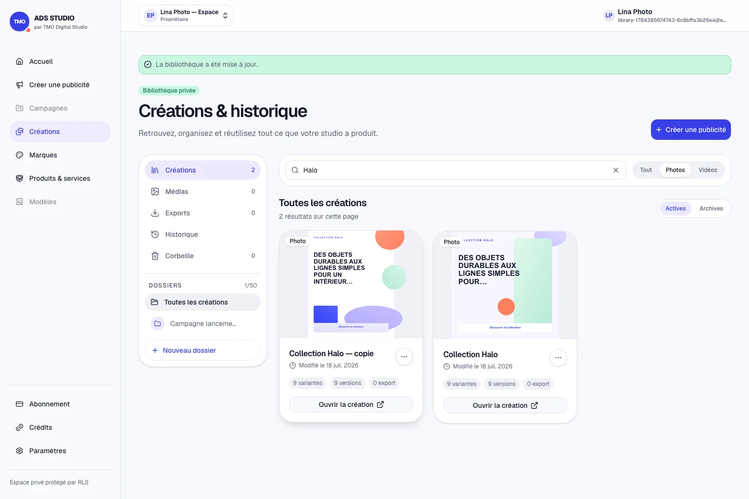 Bibliothèque de créations publicitaires fictives dans TMO Ads Studio