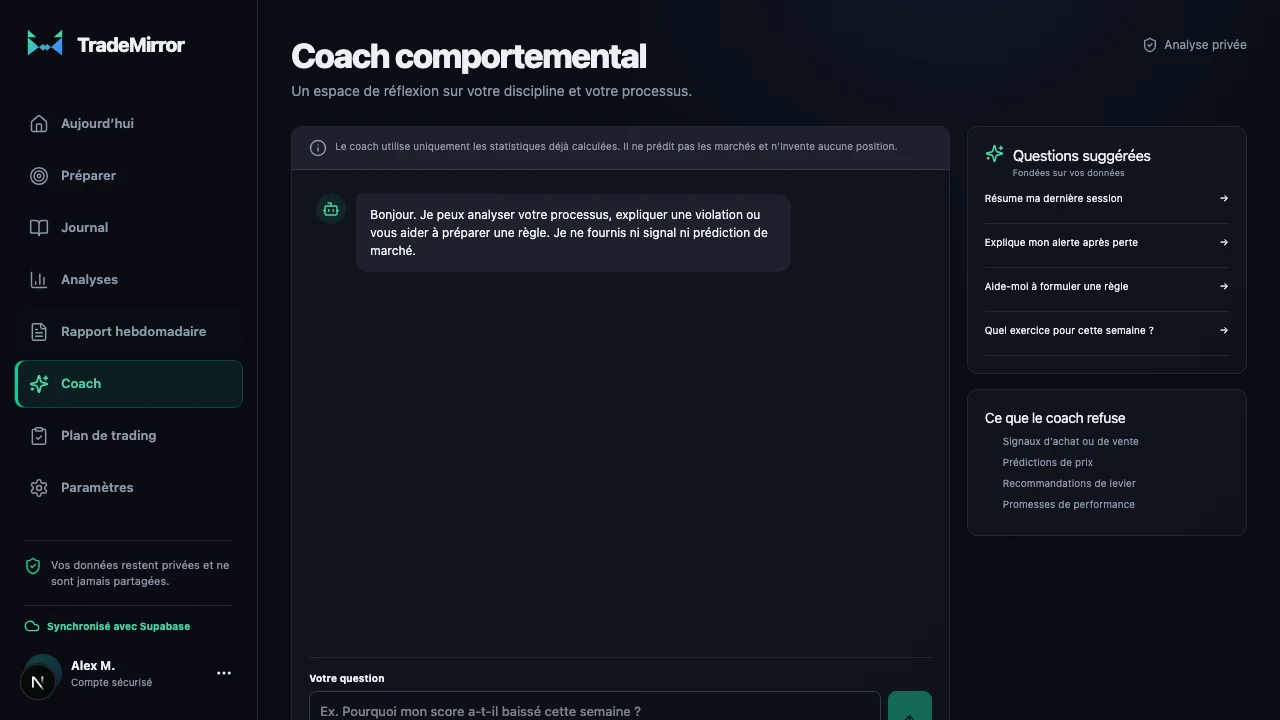Coach comportemental utilisant des données fictives dans TradeMirror