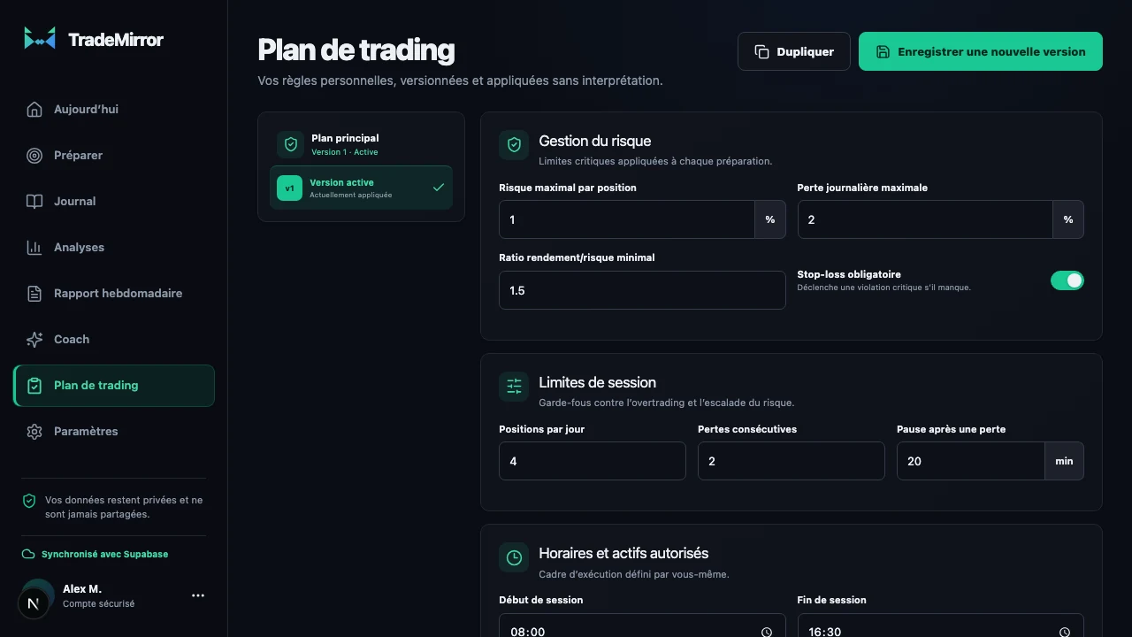 Plan de trading fictif et versionné dans TradeMirror