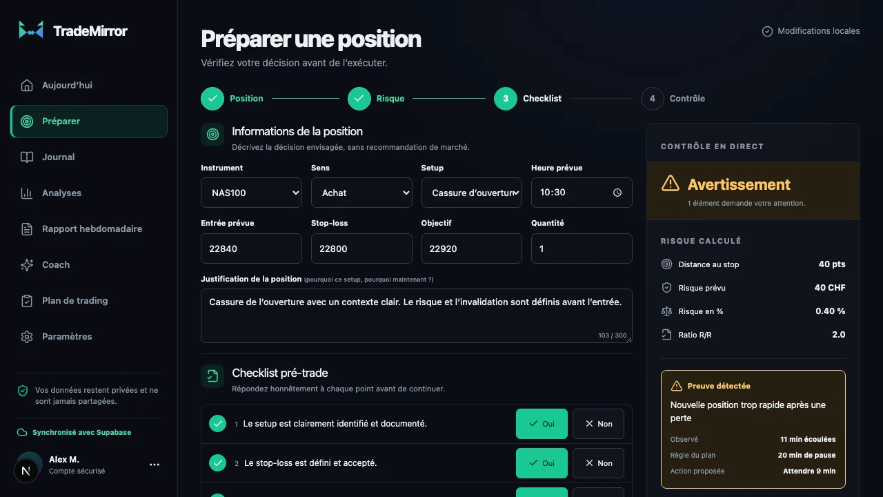 Préparation d’une position fictive dans TradeMirror